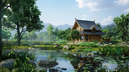 Obraz premium A small house with a porch sits on a lake