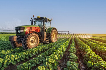 Fototapeta premium Sunrise Farming. Tractor spraying crops at dawn.