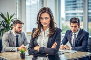 Fototapeta premium A woman in a gray suit sits at a table, behind her are two men in suits. Problems of a woman in a men's team. She looks angry and crosses her arms.