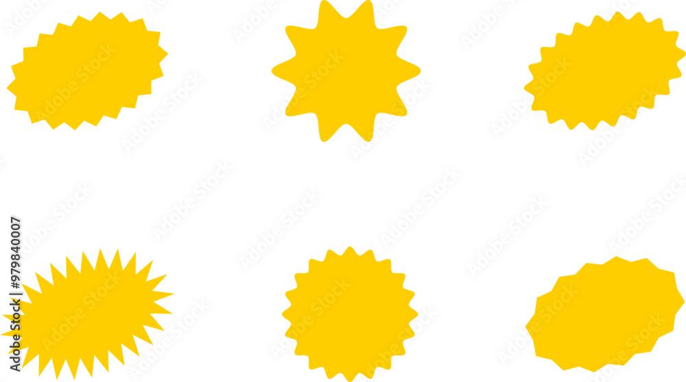 Wall mural starburst yellow sticker set - collection of special offer sale oval and round shaped sunburst label