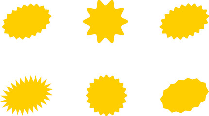 Starburst yellow sticker set - collection of special offer sale oval and round shaped sunburst labels and badges. Promo stickers with star edges. Vector.