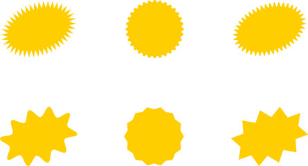 Starburst yellow sticker set - collection of special offer sale oval and round shaped sunburst labels and badges. Promo stickers with star edges. Vector.