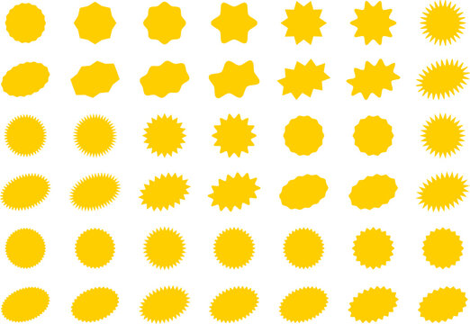 Starburst yellow sticker set - collection of special offer sale oval and round shaped sunburst labels and badges. Promo stickers with star edges. Vector.
