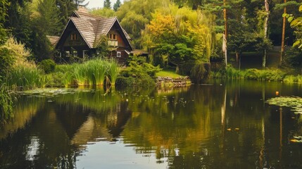 Fototapeta premium A small house with a porch sits on a lake