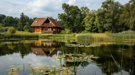 Obraz premium A small house with a porch sits on a lake