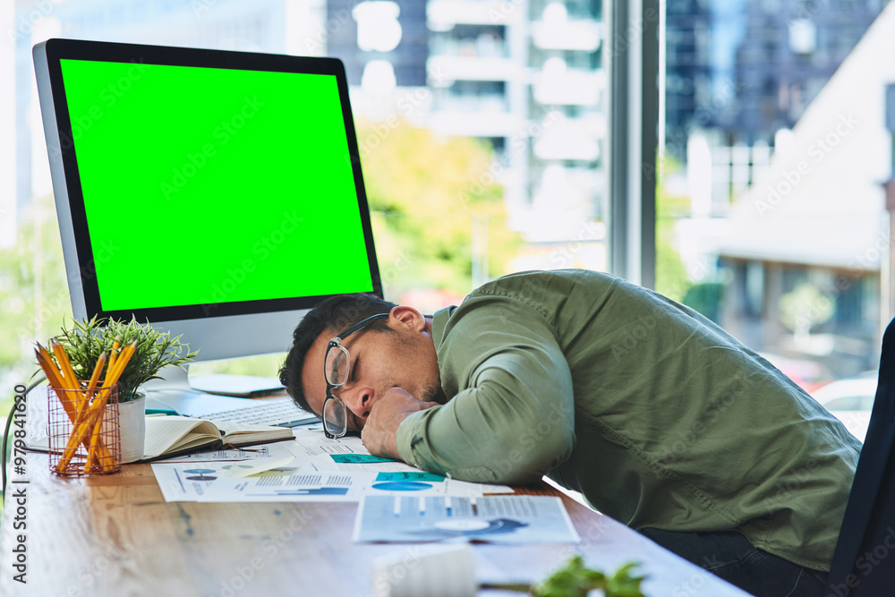 Poster Man, computer and green screen with sleeping in office with burnout, paperwork and graphs with mockup space. Person, tired and exhausted by pc with blank ux, chromakey or documents with charts at job