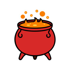 A red pot with orange liquid inside. It looks like it is boiling. The pot is on a white background