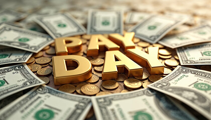 Golden "PAY DAY" Surrounded by Dollar Bills and Coins: A Celebration of Wealth and Prosperity