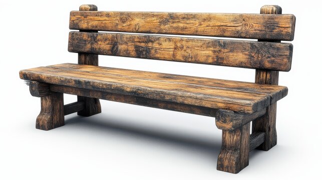 Rustic wooden outdoor bench with a distressed finish, placed on a white background