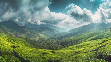 Obraz premium A lush green hillside with a winding road and a few trees