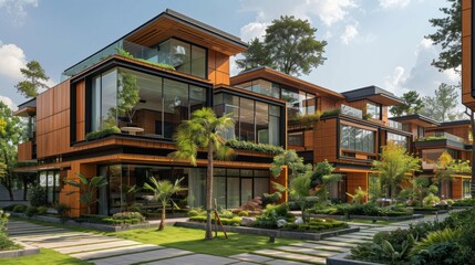 Fototapeta premium A residential area with two houses and a grassy walkway between them