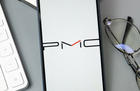New York, USA - 30 August 2024: Penske Media Corporation PMC Logo on Phone Screen, Company Icon on Display