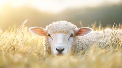 Obraz premium A sheeps face nestled in a field of grass, its wool slightly tousled by the wind, symbolizing the beauty of farm animals in their natural environment.