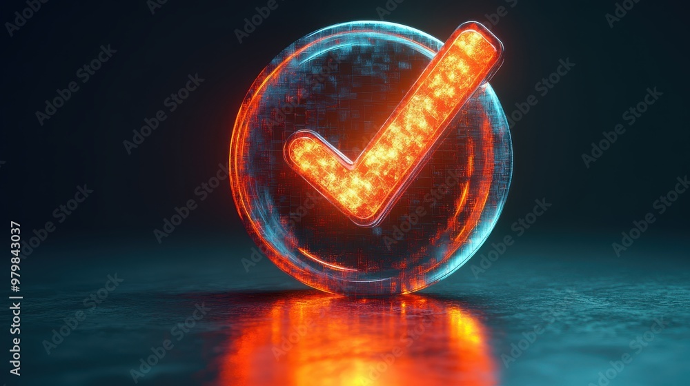 Poster simple checkmark icon with a glossy effect, isolated on a green gradient background