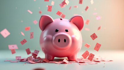 Whimsical Prosperity: A Vibrant Pink Piggy Bank Surrounded by Floating Dollar Bills, Symbolizing Savings and Financial Growth in a Playful Atmosphere
