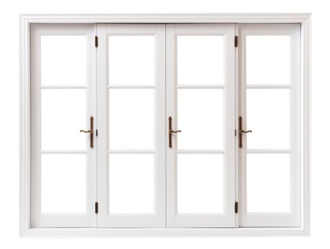 White wooden triple door window isolated on transparent background