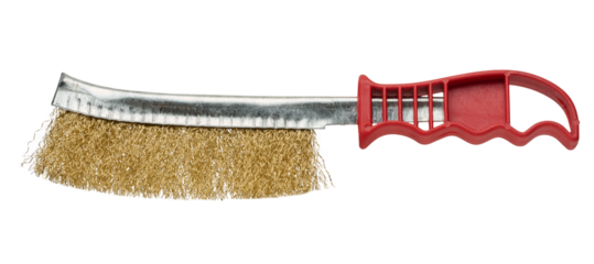 Wire brush for metalworking with orange handle and metal bristles on an isolated background. Designed for removing rust, cleaning welds or cleaning metal surfaces.