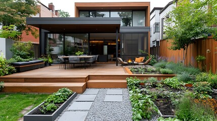 Obraz premium Simple backyard design with a gravel pathway and minimalist plant arrangements