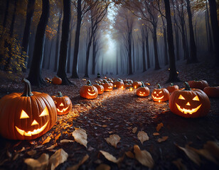 Spooky Halloween scene with glowing jack-o-lanterns amidst fallen autumn leaves in the forest	