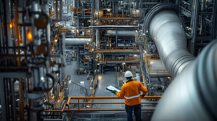 Oil refinery during maintenance shutdown with workers inspecting machinery.