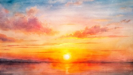 A watercolor painting of a sunset over a calm body of water, with vibrant orange, pink, and purple hues.