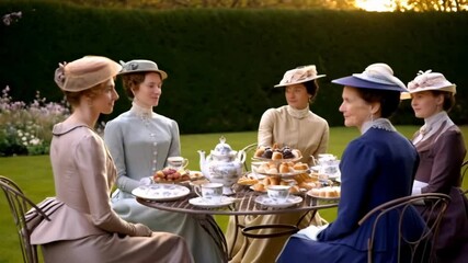 Charming English afternoon high tea set up in a picturesque garden. elegant English afternoon high tea arranged in a beautiful garden, complete with teacups, pastries, and floral decor. generative AI
