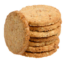 Round cookies with oatmeal and dried fruits on isolated background