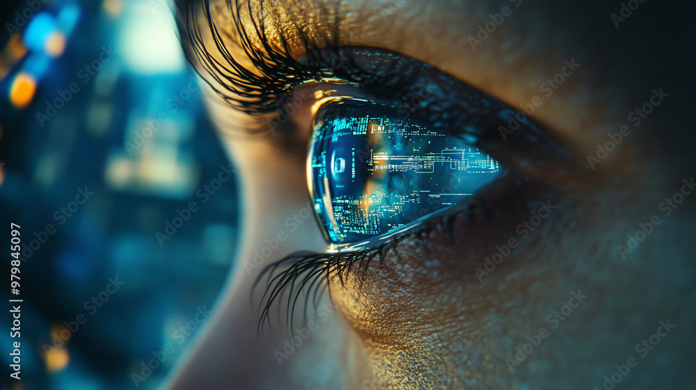 Poster immersed in a digital world, a woman interacts with an augmented reality interface showing data and 