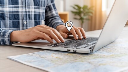 A man is actively typing on a keyboard while a red location pin hovers above an interactive map showing global connections