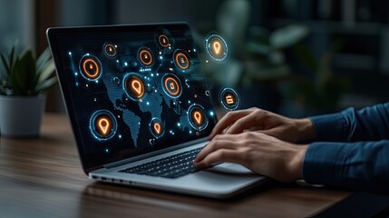 A man is actively typing on a keyboard while a red location pin hovers above an interactive map showing global connections