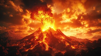 A dramatic volcano erupting, with molten lava spewing into the air and a plume of ash rising high into the sky