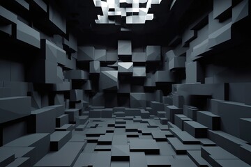 Aesthetically Dark Environment with Fragmented Polygon Shapes in Three-Dimensional Rendering