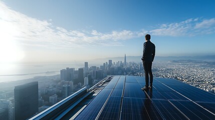 Businessman Overlooking City Skyline from Rooftop Solar Panels
