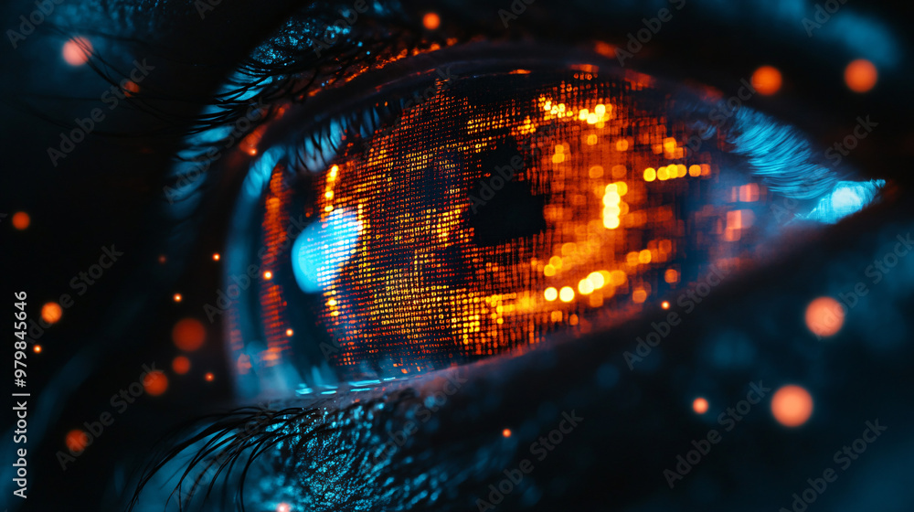 Leinwandbilder close-up of a human eye reflecting glowing binary code suggesting digital identity, cybersecurity, a