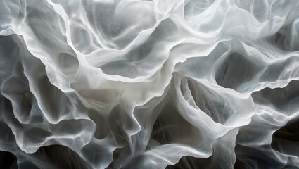 Obraz premium Ethereal Wisps. Abstract image of wispy, translucent white structures forming intricate patterns against a dark background.