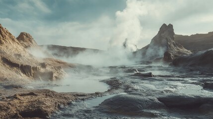 Fototapeta premium A geothermal area with bubbling mud pools, surrounded by volcanic rock formations and steam vents