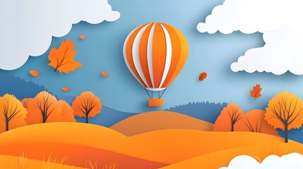 A paper-cut style depiction of an orange hot air balloon floating over rolling hills, with trees and clouds in the sky