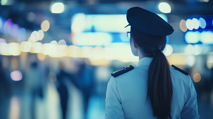 Female security guard is monitoring a crowded public space, ensuring the safety of the people