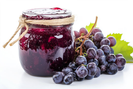 Closeup of jar of grape jam with a bunch of grapes isolated on white background. Concept of homemade preserves and fruit