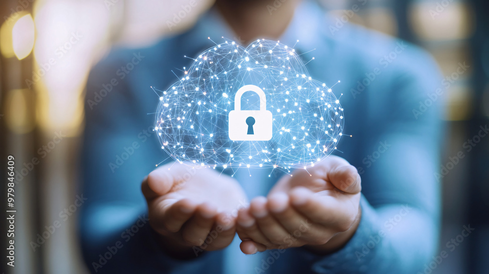 Poster businessman holding a secure cloud computing symbol with a padlock, representing data protection and