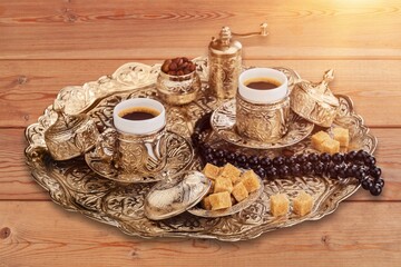 Turkish Tea or coffee Breakfast Photo with sweets