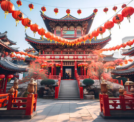 Fototapeta premium Traditional Chinese temple adorned with red lanterns for Chinese New Year celebration