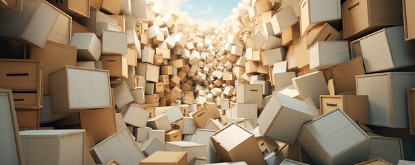 A pile of diverse unnamed boxes in small warehouse.