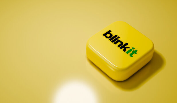 Pune, India - September 2024. Blinkit food and grocery delivery app logo icon on yellow background. 3D Illustration