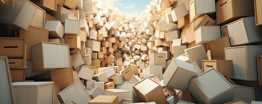 A pile of diverse unnamed boxes in small warehouse.