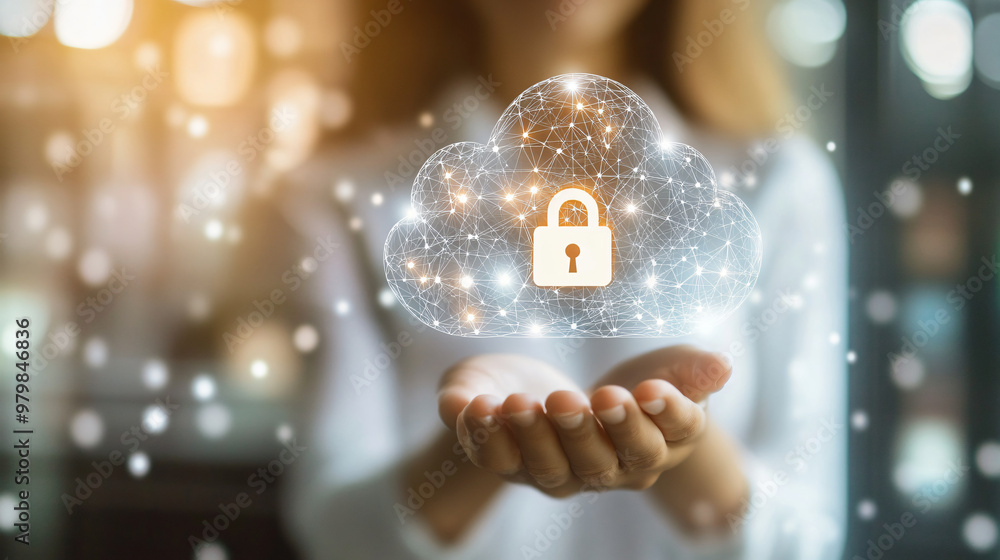 Poster secure cloud computing system with padlock symbol held by businesswoman demonstrating data protectio