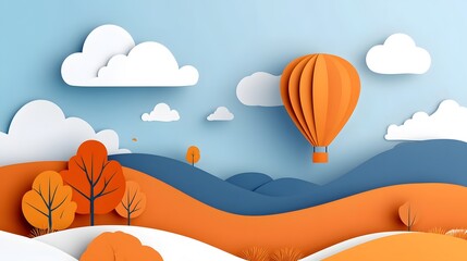 A paper-cut style depiction of an orange hot air balloon floating over rolling hills, with trees and clouds in the sky