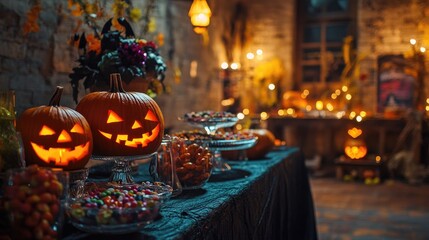 A Halloween party setup with themed decorations, candy bowls, and carved pumpkins in a dimly lit room