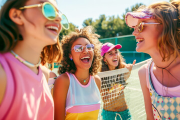 Fototapeta premium Joyful friends enjoy sunny tennis day