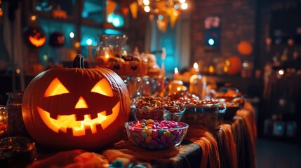 Fototapeta premium A Halloween party setup with themed decorations, candy bowls, and carved pumpkins in a dimly lit room